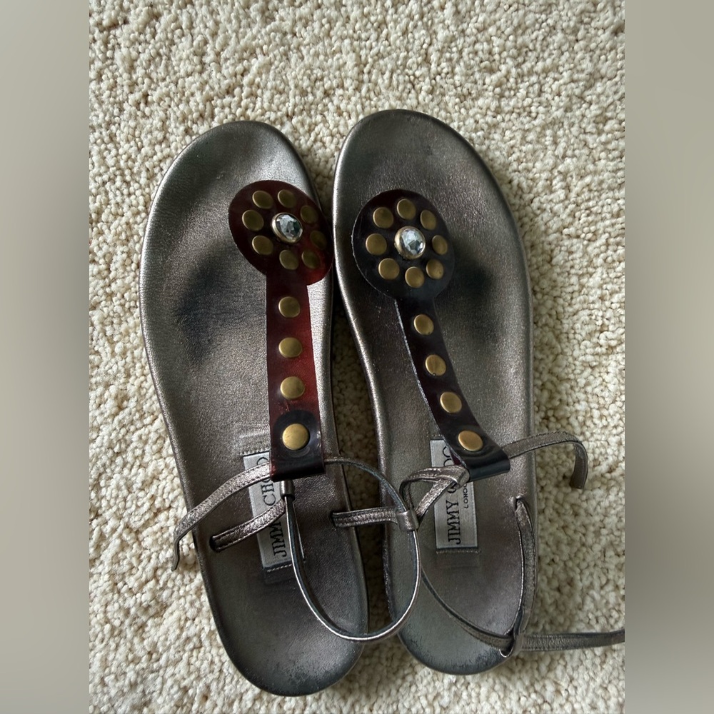 Jimmy Choo Gold and Silver Sandals with Stud Accents